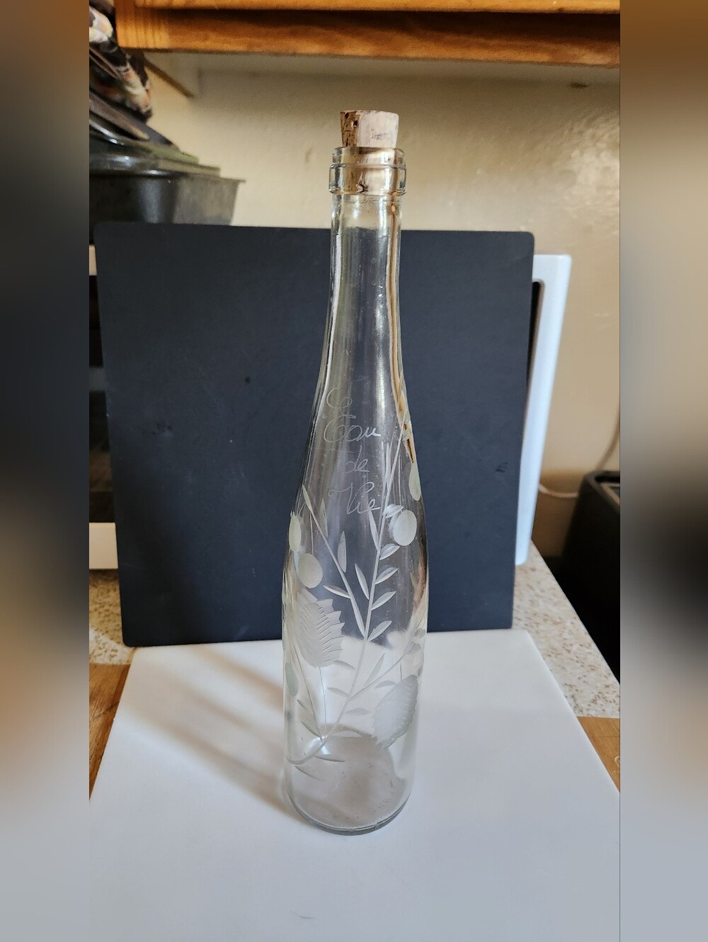 Etched Clear Glass Bottle with Cork - Fruit Cordial Brandy